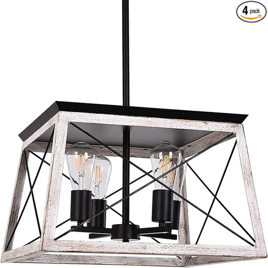 Luupyia Farmhouse Pendant Light Fixture, 4-Lights, Adjustable, Rectangular Rustic Chandeliers Farmhouse Light Fixture Vintage Island Lighting for Dining Room, Entryway and Living Room Beige