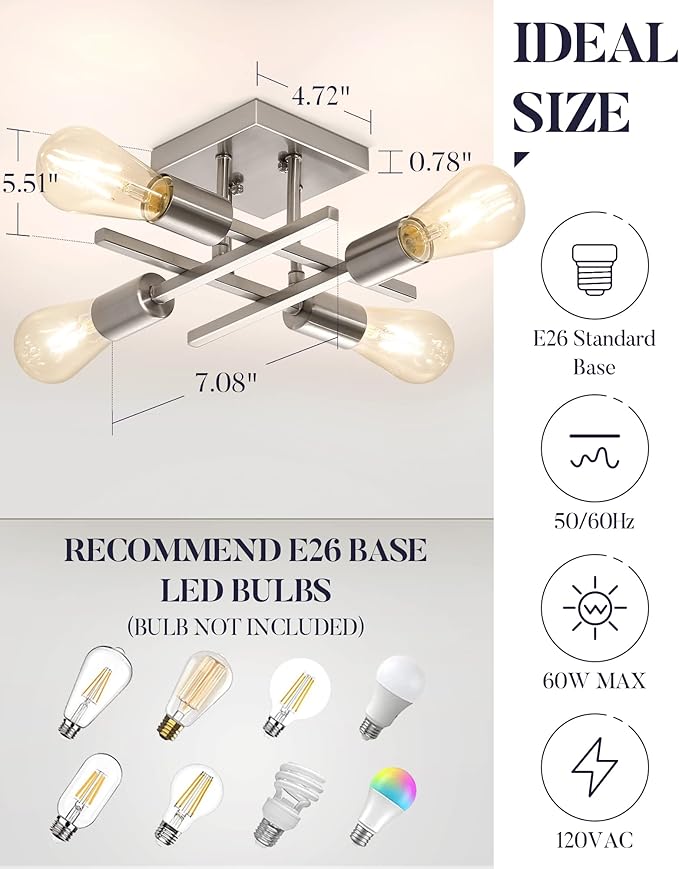 Industrial 4-Light Semi Flush Mount Ceiling Lighting Fixture, Modern Brushed Nickel Chandelier Light, Farmhouse Sputnik Ceiling Lamp with E26 Base for Bedroom Living Room Entryway, 2 Pack