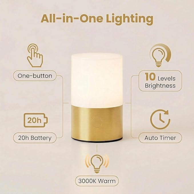 Small Table Lamp - Rechargeable, Portable, 10 Brightness Levels, Auto-Off Timer, Waterproof, Up to 20-Hours,Warm Light for Bedside, Reading, Dining,Travel, Camping & Décor-Brass