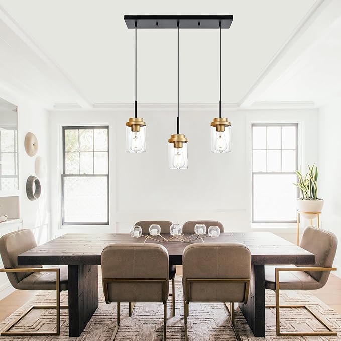 MELUCEE 20.5 Inches Dining Room Light Fixture Hanging 3-Lights Kitchen Pendant Light Fixture Over Island Black Ceiling Hanging Lamp with Clear Glass Shade, Gold Socket