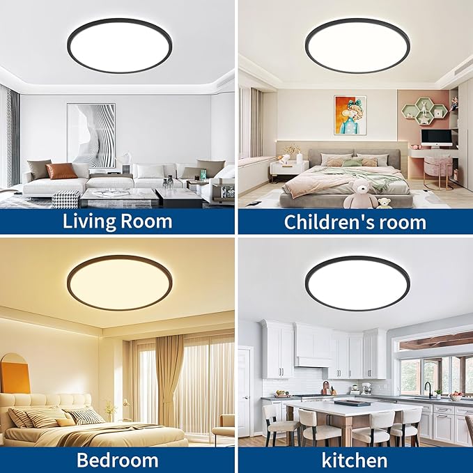 24 inch Modern Led Big Ceiling Light, Ultra Thin Flush Mount, 50W 5000LM, Dimmable, 3000K/4000K/6500K Selectable, Black, Perfect for Bedroom, Kitchen, Dining Room, Living Room, Home Office, Hallway