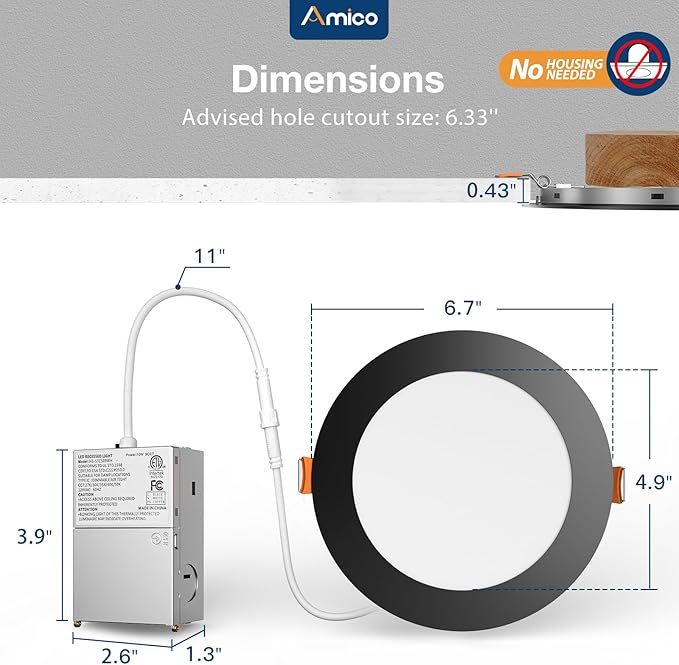 Amico 24 Pack Black 6 Inch 5CCT Ultra-Thin LED Recessed Ceiling Light with Junction Box, 2700K-5000K Selectable, 1050 Lumens, Dimmable Canless Wafer Downlight, 12W Eqv 110W-ETL&FCC