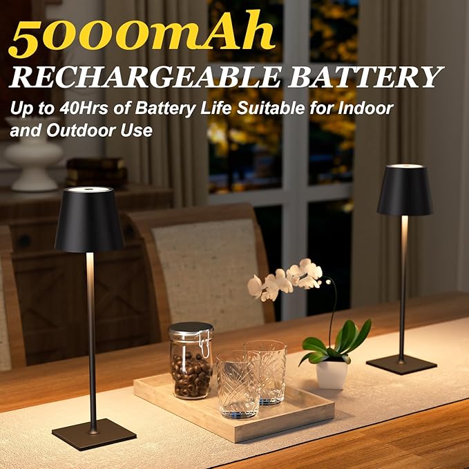 Kakanuo Cordless Rechargeable Table Lamp Black 5000mAh Battery Operated Lamps, 3 Colors Stepless Dimming Touch Lamp for Living Room, Kitchen Counter, Dining, Outdoor Patio, 2 Pack