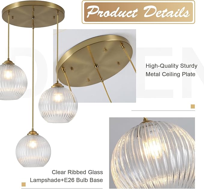 3-Light Pendant Light Fixtures Brushed Gold Kitchen Island Lighting Modern Clear Glass Cluster Pendant Lights Chandelier Adjustable Cord Antique Brass Hanging Light for Dining Room MPL30-3B
