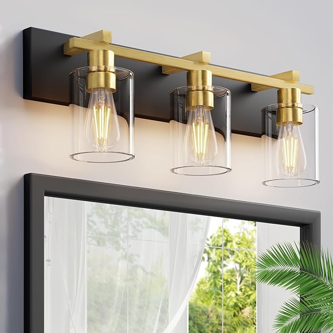 Espird Bathroom Vanity Light,3 Light Matte Black and Gold Light Fixture with Thickened Clear Glass Shade, 21 inch Modern Wall Sconce, Bathrooms Vanity Light Over Mirror for Bathroom