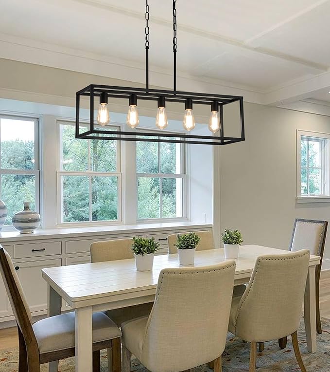 AMZASA Black Rectangle Kitchen Island Lights Rectangular Modern Industrial Chandelier for Dining Room 5 Lights Linear Vintage Cage Light Fixtures UL Listed