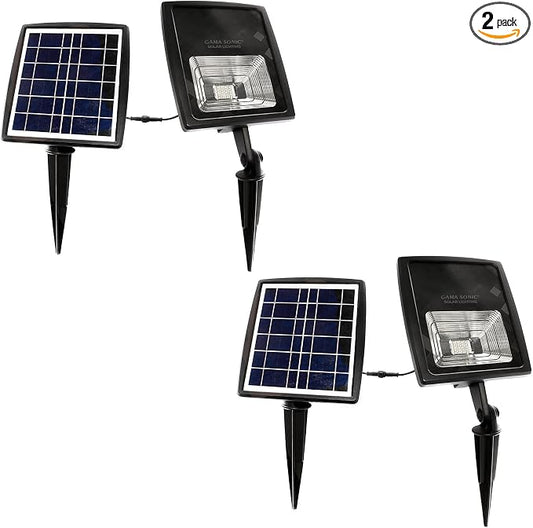 Gama Sonic Dual Color Solar Flood Light, Outdoor Black Cast Aluminum, Stake or Flat Mount Uplight for Trees, House, Landscaping, Walls with Detachable Solar Panel 2-Pack 203iP250090