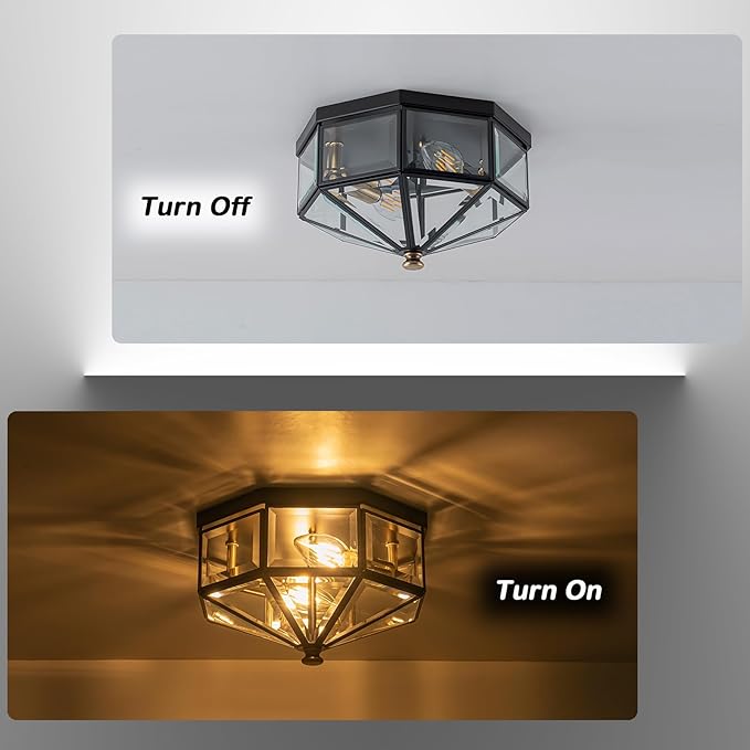 Flush Mount Ceiling Light Fixture, 2-Light Copper Outdoor Ceiling Lights, Octagonal Flush Mount Light with Clear Glass, Black Close to Ceiling Light for Hallway Bedroom Porch Balcony