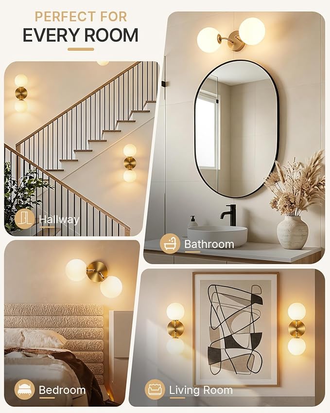 Yunnix Gold Bathroom Vanity Light, 2-Light Modern Globe Vanity Lighting Fixtures with Milk White Glass Shade, Mid Century Vanity Lights Wall Sconce Over Mirror for Hallway Entryway Set of 2