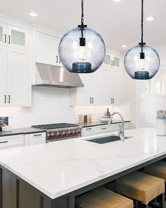 CASAMOTION Farmhouse Pendant Lighting Hand Blown Blue Glass Pendant Lights Kitchen Island Dining Room Table Entryway Black Ceiling Hanging Light Fixtures Large Globe Shade 15.6 Inch H