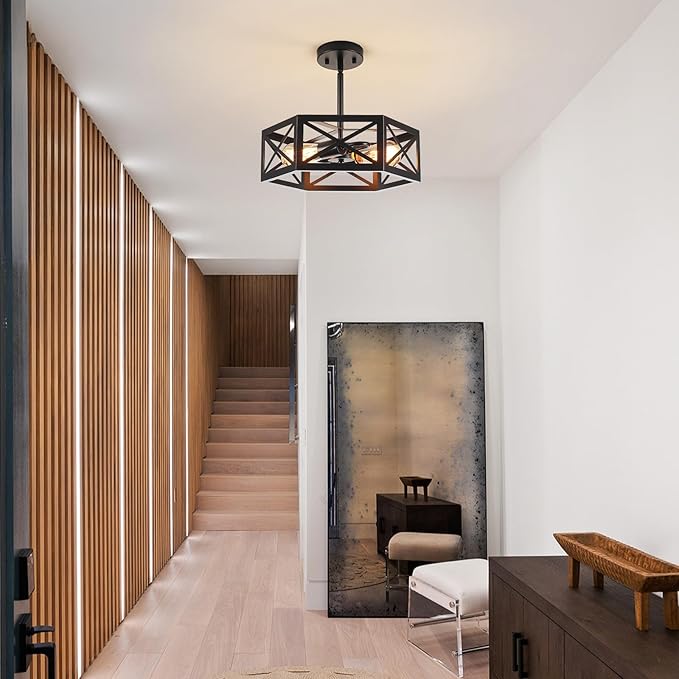 Semi Flush Mount Ceiling Light, Sloped Ceilings Lights Fixtures, Black Farmhouse 2-Light Chandelier, Adjustable Height Metal Lighting for Kitchen Dining Room Entryway Foyer Hallway