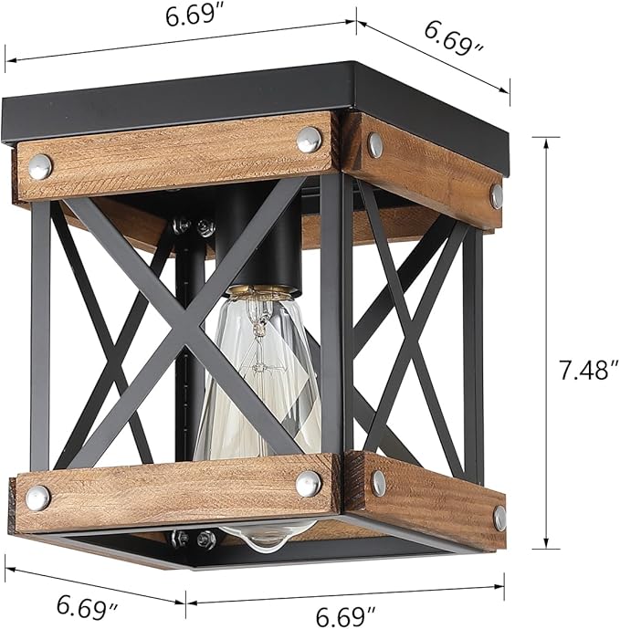 Rustic Farmhouse Wood Flush Mount Ceiling Light Fixture Oak Wood and Metal Square Cage Small Semi Flush Mount Ceiling Light for Kitchen Hallway Entryway Bedroom Farmhouse Country, Black