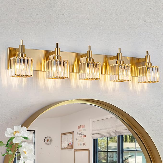 Gold Bathroom Vanity Lights, 5 Lights Crystal Bathroom Lighting Fixtures Over Mirror Modern Gold Crystal Wall Light