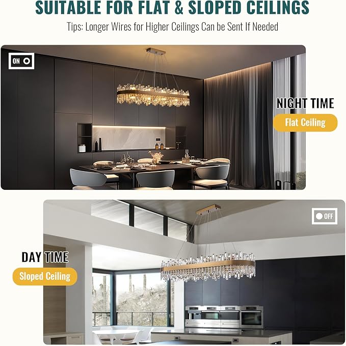 Siljoy Modern Crystal Chandelier, L52'' Luxury Rectangular Brushed Brass Gold Crystal Raindrop Chandelier Large Oval Crystal Pendant Ceiling Light Fixture for Dining Room Kitchen Island, E12 x 20
