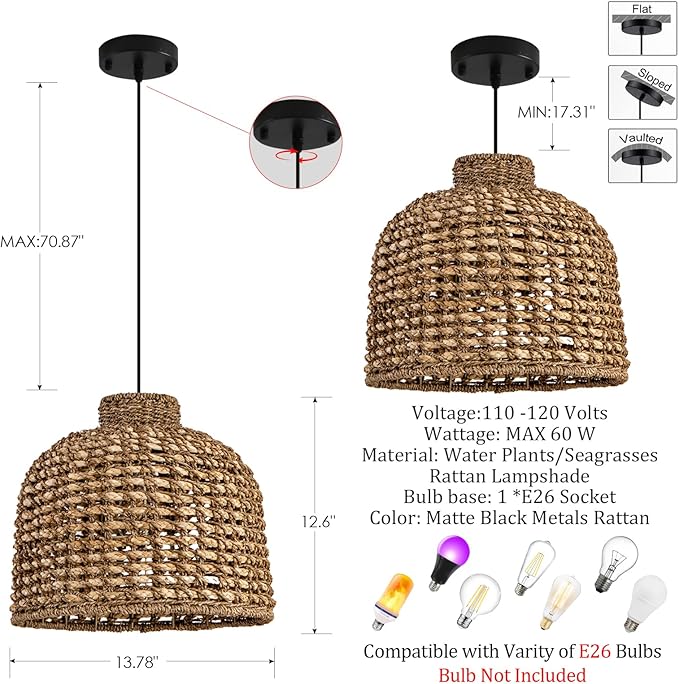 Rattan Pendant Light Fixtures,13.78" Boho Seagrass Pendant Light,1-Pack Hand Woven Water Plants Rattan Chandelier for Dining Living Bedroom Kitchen Farmhouse