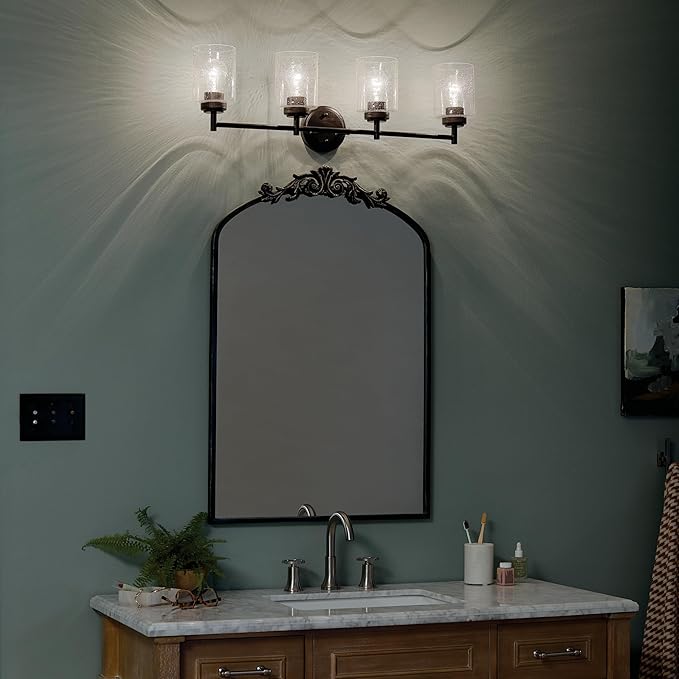 Kichler Winslow 30" 4-Light Bathroom Vanity Light Fixture with Clear Seeded Glass in Black, Modern Industrial Style for Bathroom and Powder Room, (30" x 9.25" x 6.5"), 45887BK