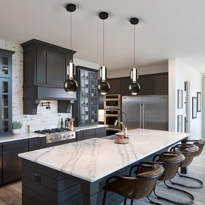 Modern Glass Pendant Light, Black Pendant Lighting LED Dimmable, Adjustable Pendant Lights Kitchen Island Dinning Room,Bedroom,Bar, Kitchen Island Ceiling Hanging Light Fixtures(1-Pack)
