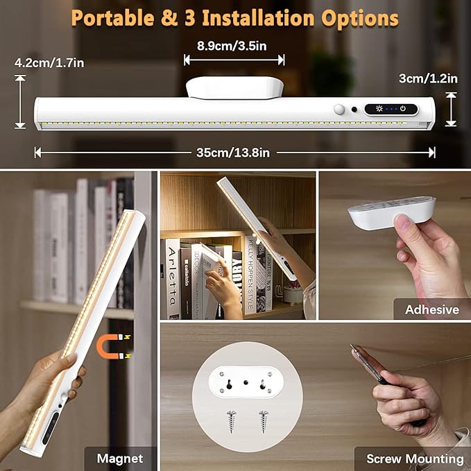 Hapfish Motion Sensor LED Light Bar Indoor, Rechargeable Under Cabinet Lighting Wireless, Magnetic Battery Powered Operated Wall Strip Lights with Remote Control for Desk Mirror Closet – White