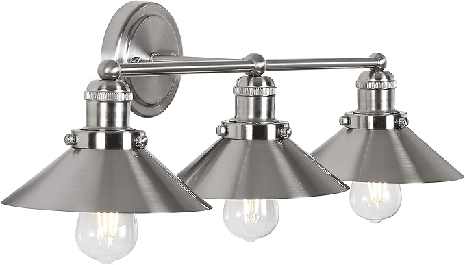 JONATHAN Y 26.5" Nickel 3-Light Industrial Farmhouse Metal Vanity Light Wall Sconce, Metal Shade for Bathroom Mirror, Kitchen, Entryway, LED Bulb Included (JYL7428B)