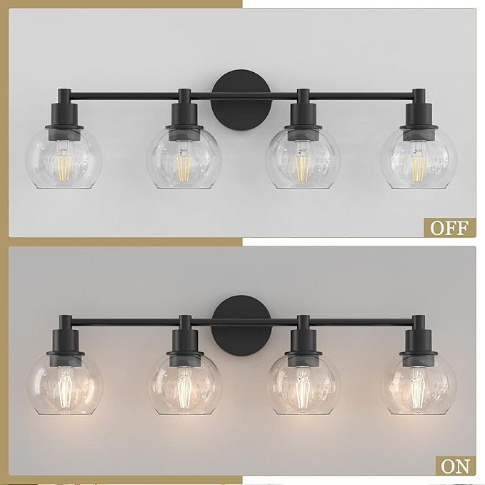 Espird 4 Lights Bathroom Vanity Light Fixtures Black, Bathroom Lights Over Mirror, Industrial and Farmhouse 4 Lights Wall Sconce, Matte Black Globe Vanity Lighting Fixtures