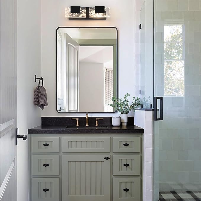 LED Bathroom Vanity Light: 16in Matte Black Acrylic Modern Lighting Fixtures - 2-Light Contemporary Smoke Design Wall Lights Fixture Over Mirror 3000K