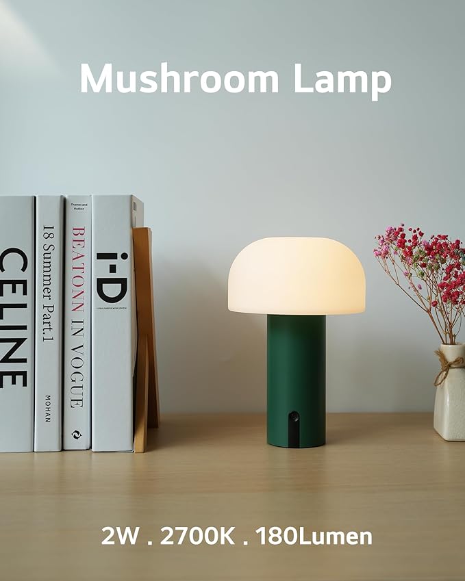 WEILAILUX Cordless Mushroom Table Lamp, Waterproof Shower Lamp, Battery Operated Table Lamp Rechargeable, Touch Dimmable Night Light for Bedroom/Patio/Camping/Dinning/Outdoor (Green)