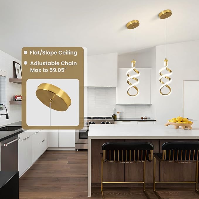 Modern LED Pendant Light Fixture, 15W Spiral Led Chandelier Hanging Lamp, 4500K Pendant Lights Kitchen Island, Adjustable Height Pendant Light for Dining Room Bedroom Kitchen Island Cafe(2 pack)