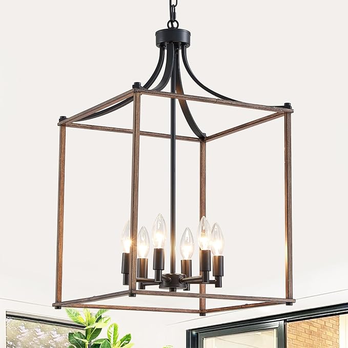 XINGQI 15.7" Modern Farmhouse Chandeliers for Dining Room 6-Light Geometric Lantern Black Wood Grain Finish Cage Pendant Lighting Fixture for Staircase Foyer Kitchen Entryway