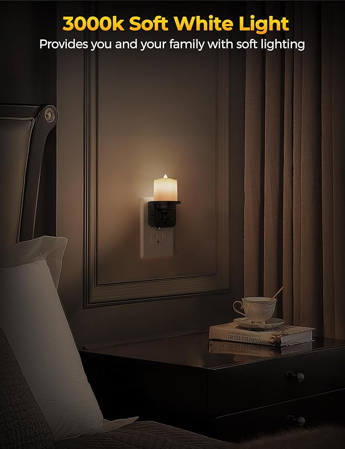 Flameless Candle Night Light, Night Lights Plug into Wall 2 Pack, LED Candle Night Light with Light Sensor, 0-100LM Dimmable Nightlight Plug in, 3000K Soft White Nightlight for Kids Hallway Bathroom