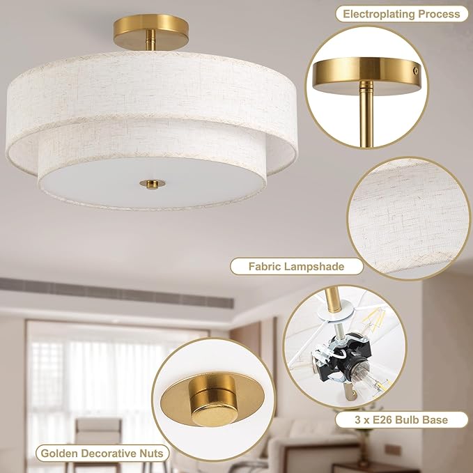 17.7" Semi Flush Mount Ceiling Light Fixtures, Gold Close to Ceiling Light Fixtures with 2-Tier Drum Fabric Lamp Shade, Modern Ceiling Light Fixtures Flush Mount for Bedroom Hallway Nursery