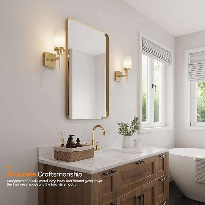 Vanity Lighting Fixtures with White Frosted Glass Shade, Modern Gold Wall Lamps for Bathroom Mirror Bedroom Living Room Porch, 2 Pack T001GD-L1-P2