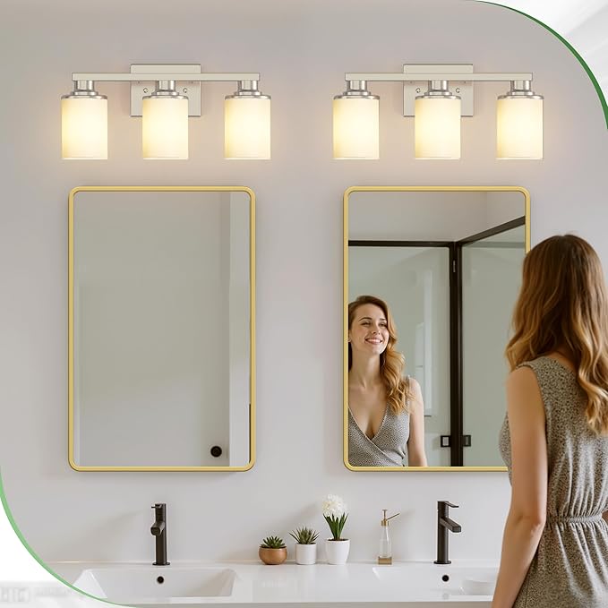 DORESshop 17 Inch Bathroom Light Fixtures, 3-Light Nickel Bathroom Lighting Fixtures Over Mirror with Milk Glass Shade, Vanity Lights for Living Room Bedroom