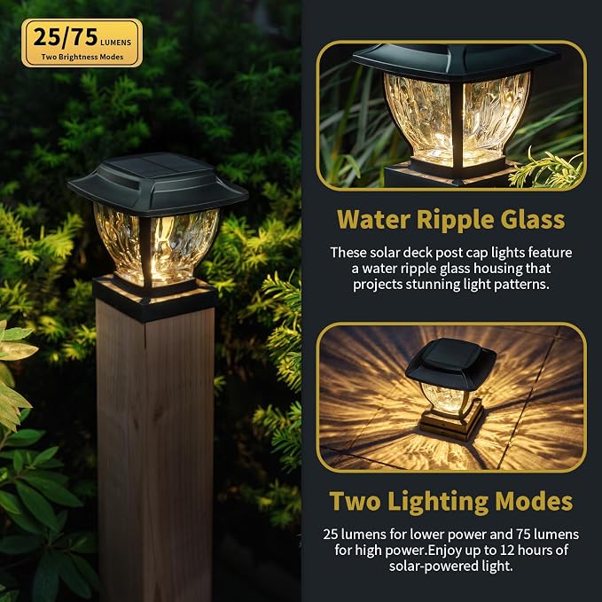 Solar Post Cap Lights Outdoor, Glass Deck Fence Post Cap Light Solar Powered for 4x4 Vinyl/Wooden Posts, Solar Lamp Post Light with 2 Lighting Modes for Patio Garden, Bright Warm White (1 Pack)