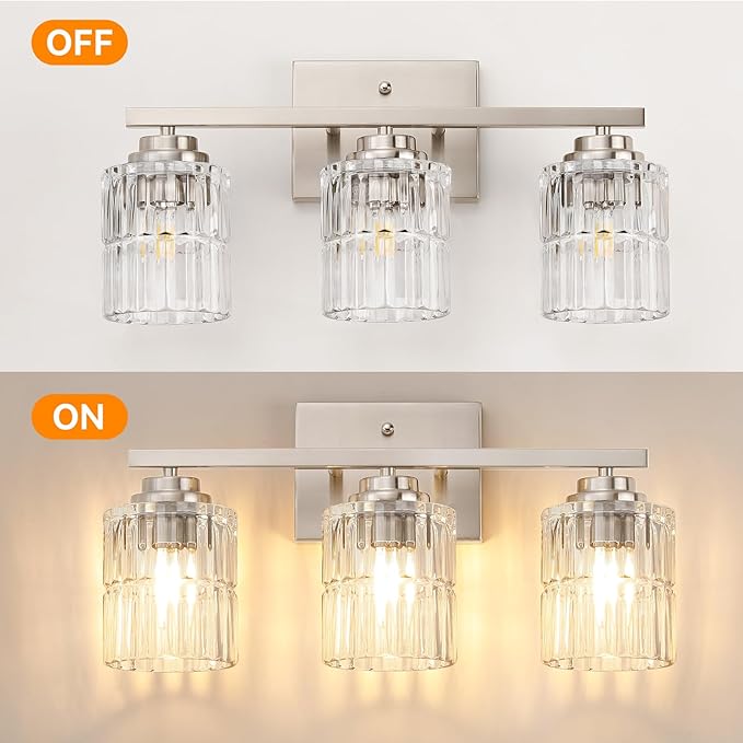 TALOYA 19 Inch Bathroom Light Fixtures,Modern 3-Light Brushed Nickel Vanity Lights with Wide Vertical Ribbed Thickened Glass Shade Wall Sconces for Mirror Makeup Room Hallway（Bulbs Not Included）