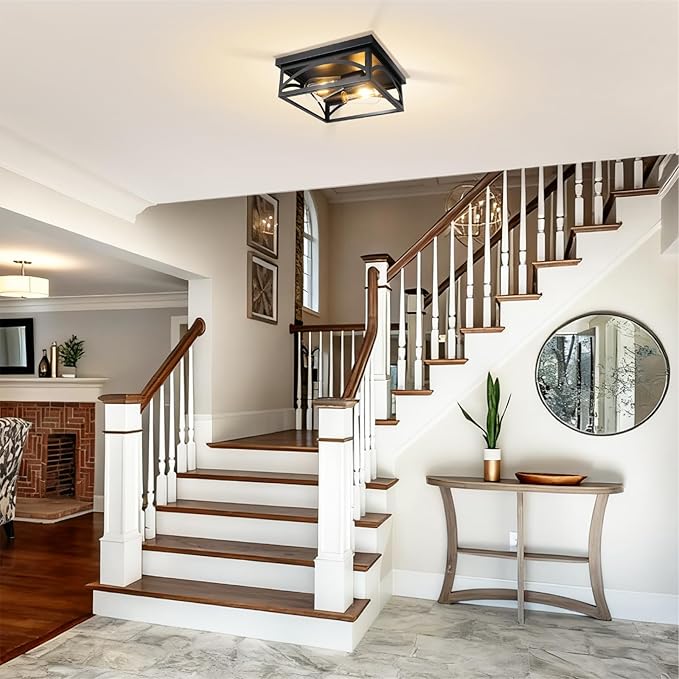 Black Square Flush Mount Ceiling Light Fixtures, 10 Inch Industrial Farmhouse Close to Ceiling Light, Rustproof Outdoor Ceiling Light with Heat Insulation, for Kitchen Hallway Bedroom, 2 Pack, E26