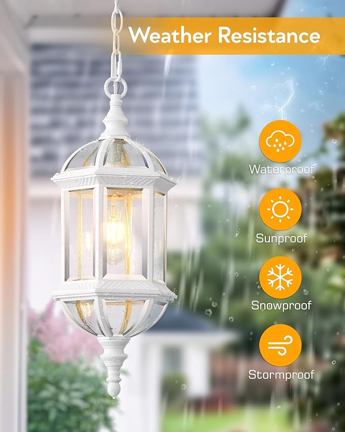 VIANIS Outdoor Hanging Lights, White Outdoor Pendant Lights with Tempered Beveled Glass, 20 Inch 1-Light Adjustable Outdoor Chandelier for Entryway, Gazebo, Waterproof and Anti-Rust, 100% Aluminum