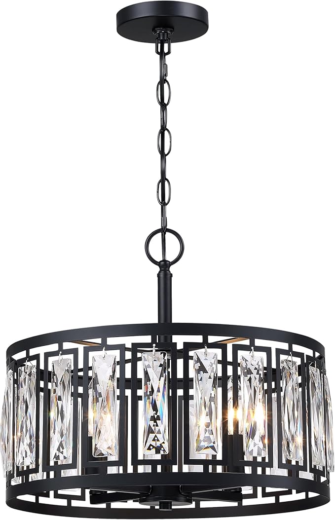 Modern Crystal Chandeliers, 4 Lights Matte Black Pendant Lighting Fixture for Dining Room Adjustable Hanging Ceiling Light for Kitchen Island