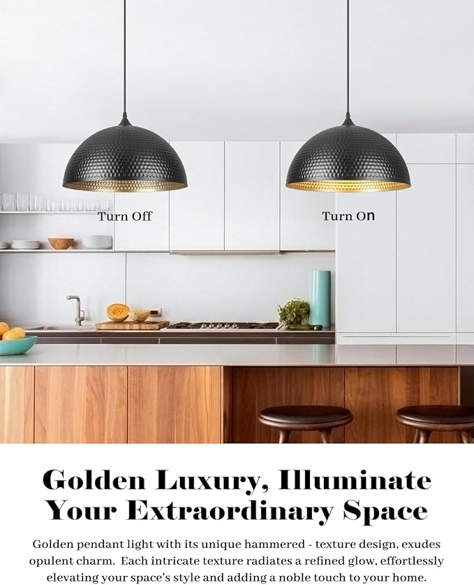 16 inch Black and Gold Pendant Light 3 Packs, Hammered Industrial Large Pendant Lights Kitchen Island, Oversive Black Dome Pendant Light for Kitchen Island, Dining Room, Bar