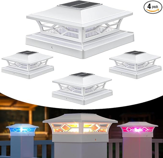 APONUO Solar Post Cap Lights with 8 RGB Colors and Multicolor Flow, Ultra-Bright Clear Lens, IP65 Waterproof for 4x4 5x5 6x6 Wood & Vinyl Fence Posts, 4 Pack White