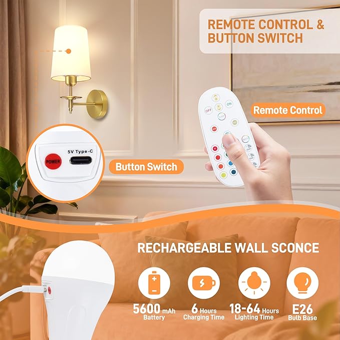 Battery Operated Wall Sconces Set of Two, Wireless Wall Sconces with Remote Control, 3CCT Dimmable Rechargeable Wall Lights, Gold Wall Lamps for Bedroom, Living Room, RGB Bulbs Included, ETL Listed