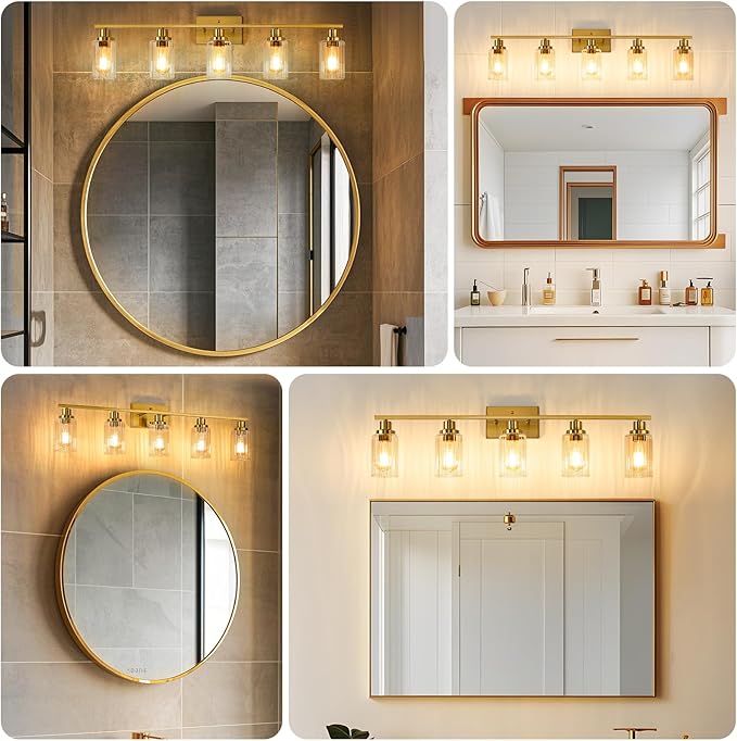 Jonsi Gold 5-Light Bathroom Vanity Light with Glass Shade, Modern Gold Bathroom Lights Over Mirror, W 40.2 x H 10.7 inches