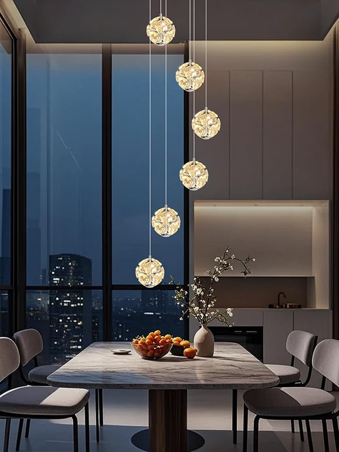 ykolupty LED Staircase Chandelier Modern Crystal Globe Pendant Light Crystal Chandeliers for High Ceilings, Hanging Lighting Fixture for Villas Foyer Hallway Entryway (6-Lights)