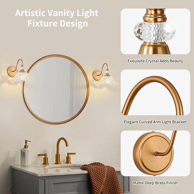 1 Piece Vintage Wall Sconce with Floral Clear Glass Shade, Matte Deep Brass Finish Wall Mount Lighting for Bathroom,Vintage Bathroom Vanity Light Fixture