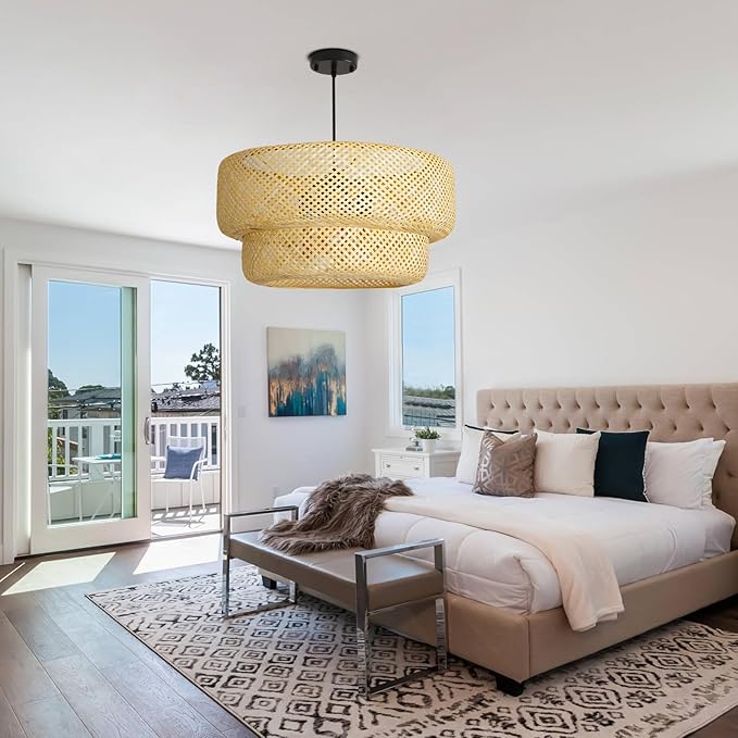 23.62” Farmhouse Bamboo Chandelier 4-Lights Large Hand-Woven Rattan Pendant Light Boho Wicker Dining Room Lights Fixtures for Living Room Bedroom Restaurant Cafe Kitchen Island