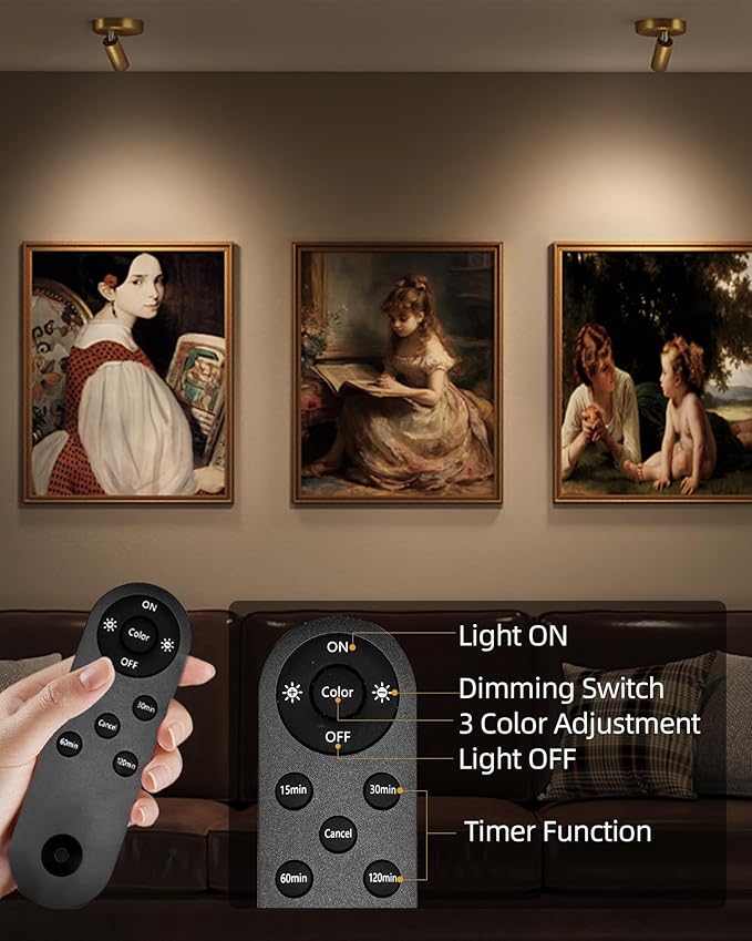 EZVALO LED Spotlight Indoor, 5500mAh Rechargeable Battery Uplighting Indoor, Wireless Mini Art Accent Spot Lights with Remote, for Plants, Display, Painting, Artwork, Portrait (4Pack-Gold)