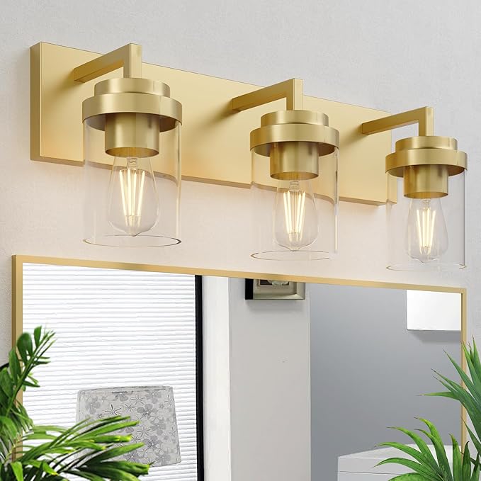 Espird Bathroom Lighting Fixtures, 3-Light Bathroom Vanity Lights Over Mirror, Brass Vanity Light with Glass Shade, Modern Vanity Lighting Fixtures for Bedroom, Hallway