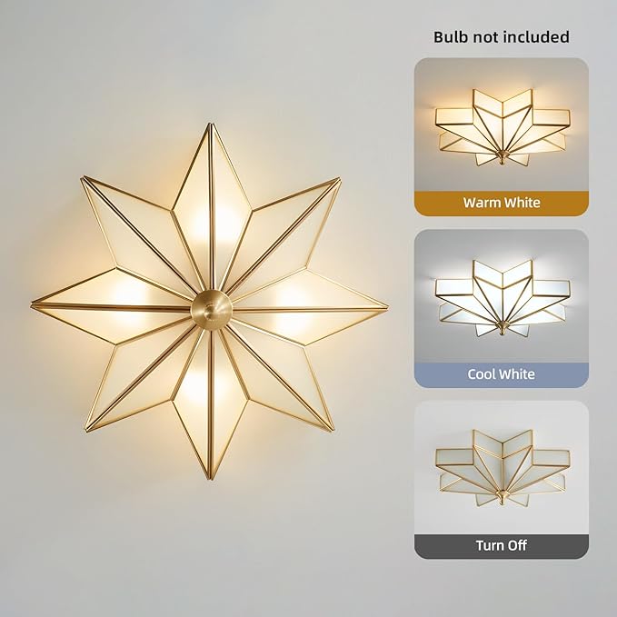 Star Brass Glass Ceiling Light - 19.7 In Large Gold Flush Mount Fixture - Art Deco Mid Century Vintage Modern Moravian Lighting Lights for Bedroom Dining Kitchen Foyer Farmhouse Living Room