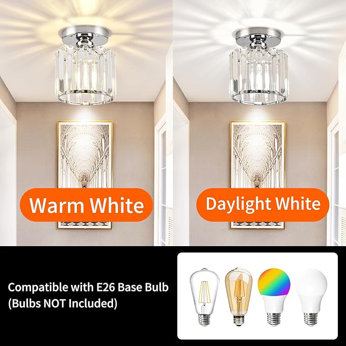 Semi Flush Mount Ceiling Light, Crystal Ceiling Light Silver Crystal Chandelier for Kitchen Hallway Entrance Balcony Dining Rooms Living Rooms Bar