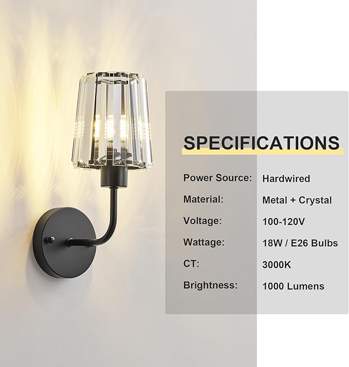 KARTOOSH Hardwired Crystal Wall Sconces Set of Two - Dimmable Wall Light Fixtures 3000K, Warm White, for Hallway, Bathroom, Living Room, Bedroom, Black, 13 Inch