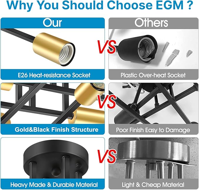 EGM 4-Light Modern Semi Flush Ceiling Light Fixture, Black & Gold Bedroom Light Fixture with E26 Bulb Base, Close to Ceiling Lights for Living Room Farmhouse Kitchen Dining Room (1 Pack)